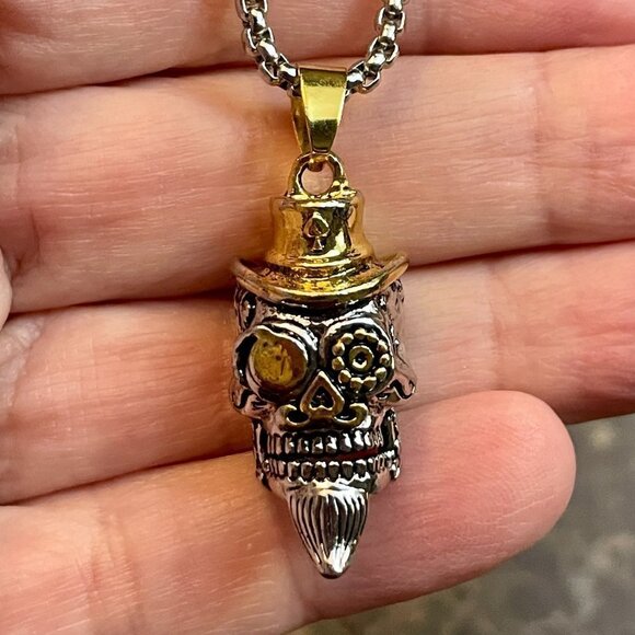 Day of the Dead Sugar Skull Skeleton Gambler Top Hat Necklace / Pendant #867 - Picture 1 of 15